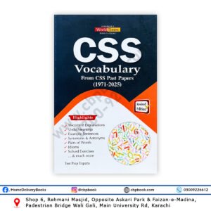CSS Vocabulary from Past Papers 1971–2025 by Jahangir WorldTimes Publications – English vocabulary book for CSS exam with Urdu meanings, idioms, synonyms, antonyms, and solved exercises.