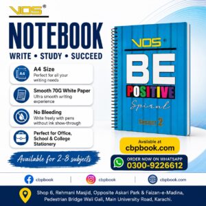 VOS Spiral Notebook A4 with premium smooth white paper, strong spiral binding, available in 2 to 8 subjects, ideal for school, college, university and office use.